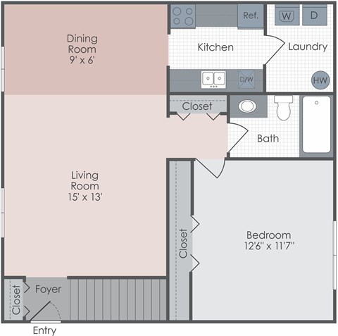 A floor plan of a small apartment with a living room, dining room, kitchen, bathroom, and bedroom.